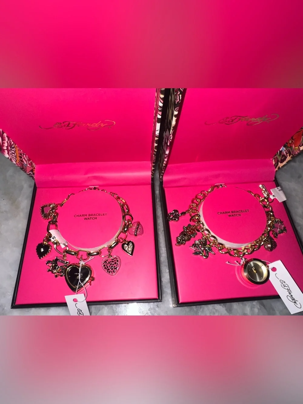 Ed Hardy Gold Charm Bracelet Watches with Pink Accents